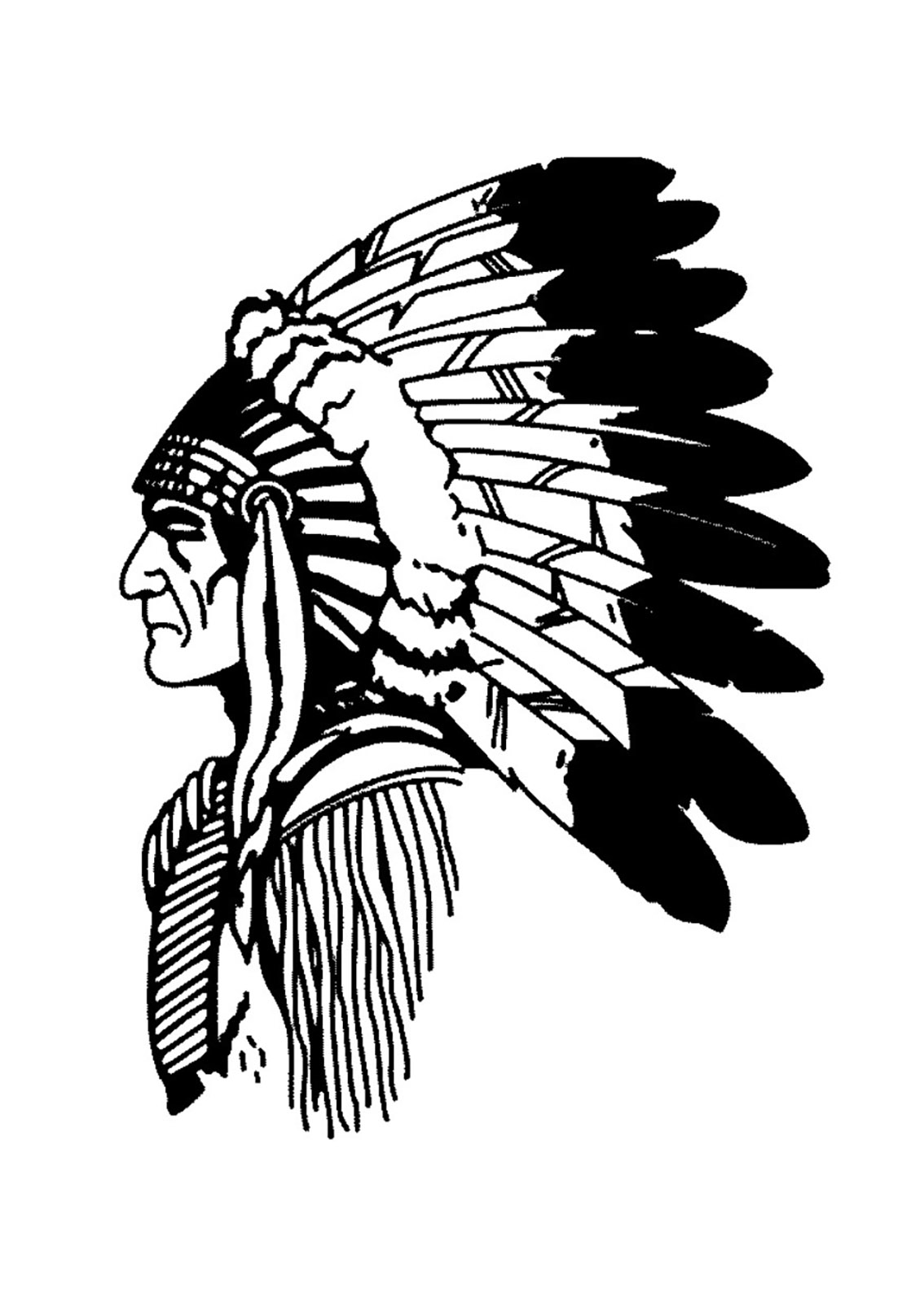 Simple coloring of a profile view of an Indian chief. This coloring page is simple and easy to make, but it offers a very realistic and detailed image of an Indian chief. He is wearing a feathered headdress, and his eyes are closed.