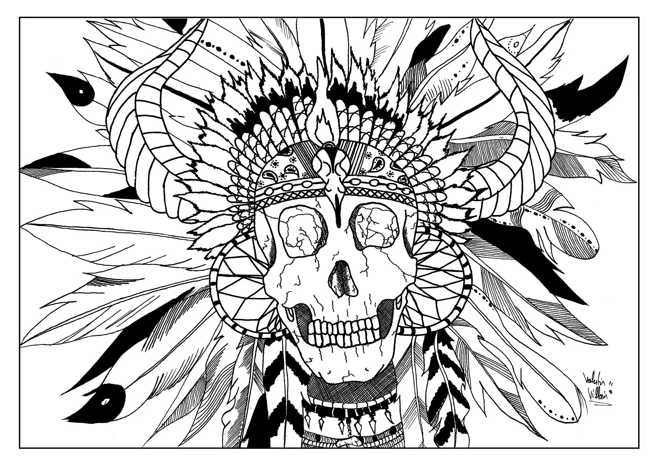 Skull-indian-by-valentin (Printable Native American Coloring Page for adults)