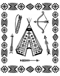 Coloring page with a Tipi and other symbols (Native American Coloring Page)