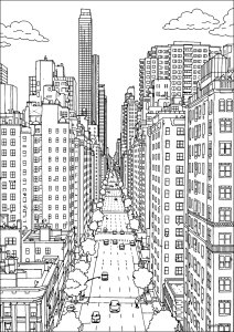 Lively avenue lined with skyscrapers