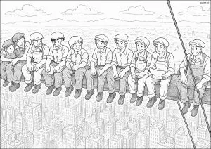 Coloring created from the mythical photo of workers sitting on a beam, building a skyscraper in New York.
