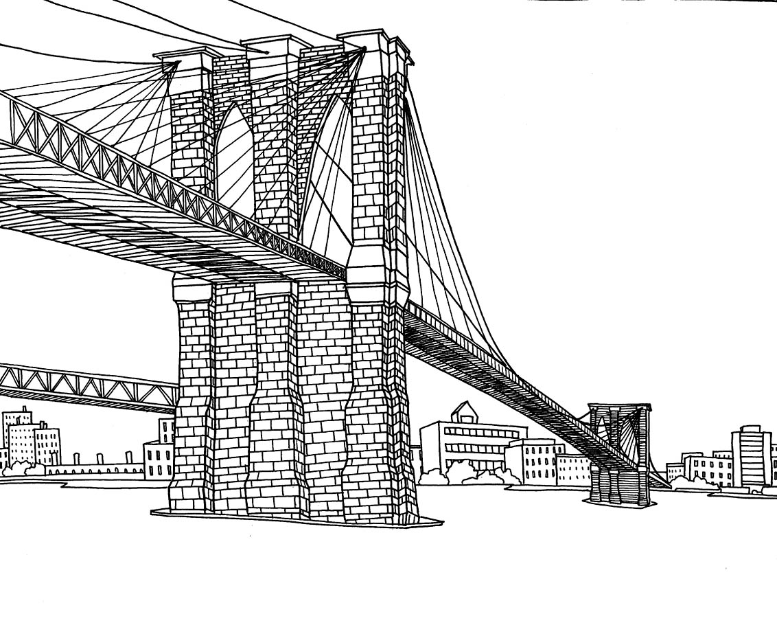 Drawing of the Brooklin Bridge in New York : Each brick can be colored !