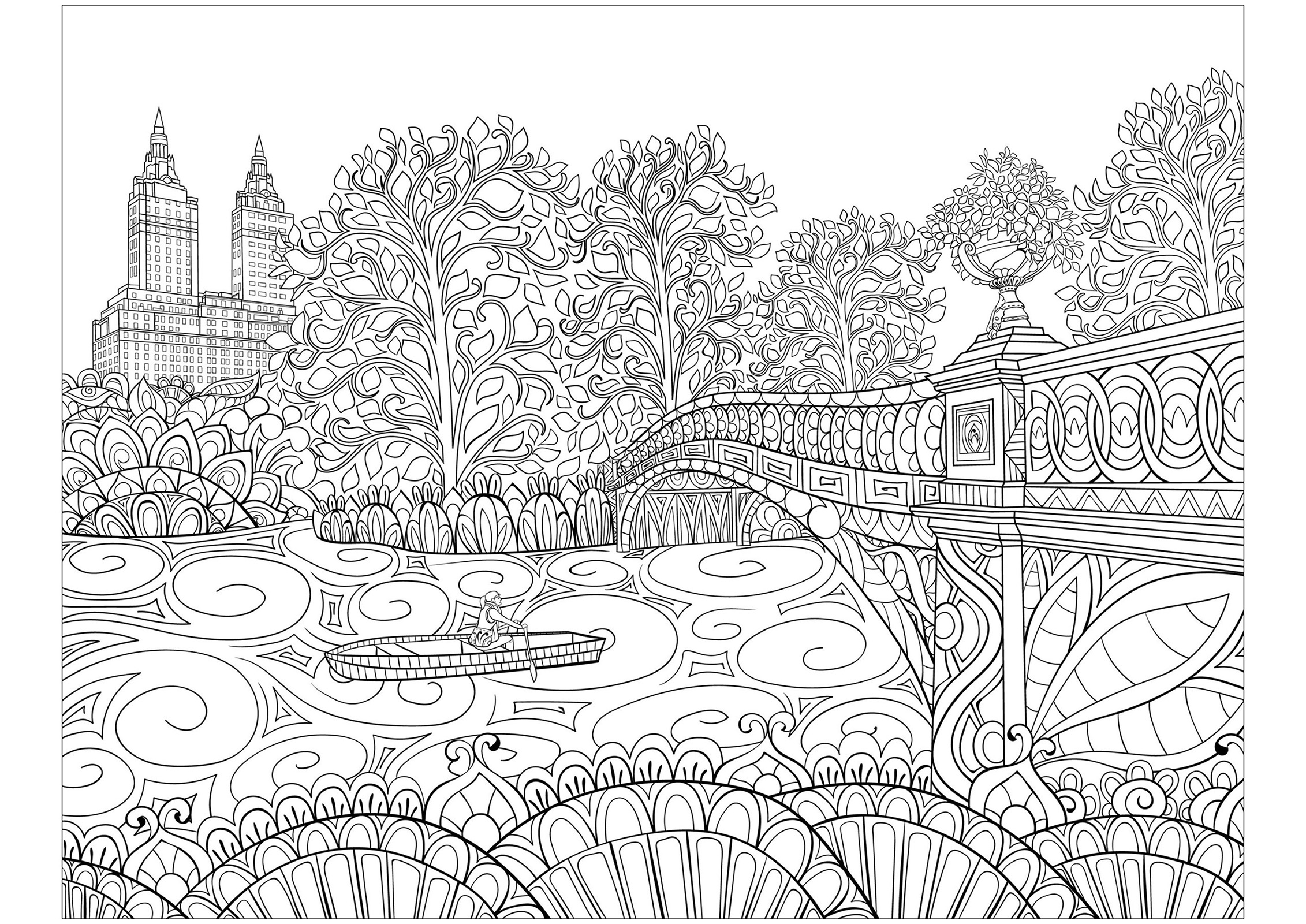 The famous Bow Bridge in Central Park (New York), and various elements to color. Bow Bridge is one of the most iconic and photographed features of Central Park. Built in 1862, this Victorian-era bridge spans 60 feet across the Central Park Lake and connects Cherry Hill and the Ramble, Artist : Nonuzza   Source : 123rf