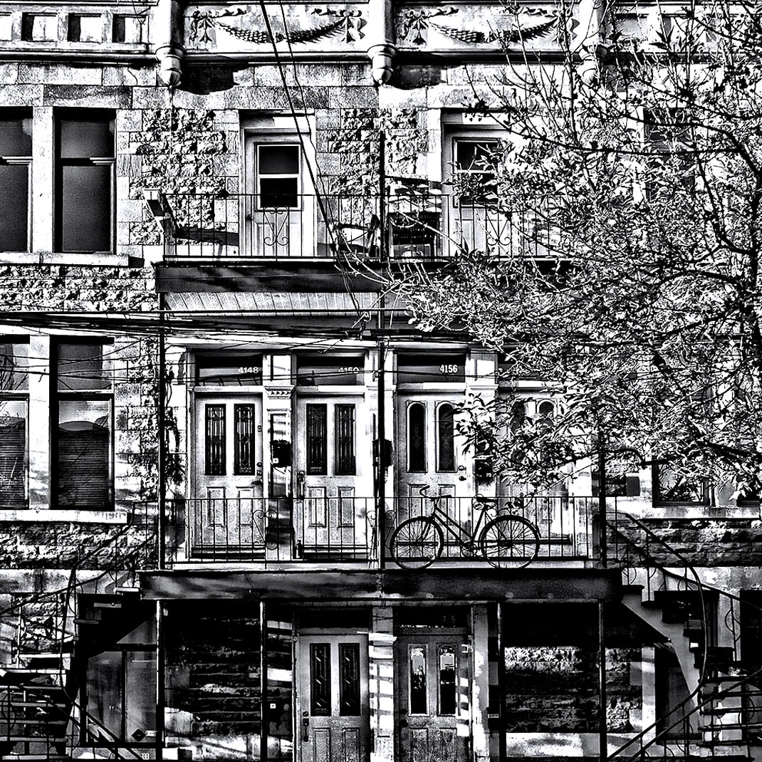 A typical facade of an house in New York or in an other city of North America like Montréal : a beautiful adult coloring page made from a photograph