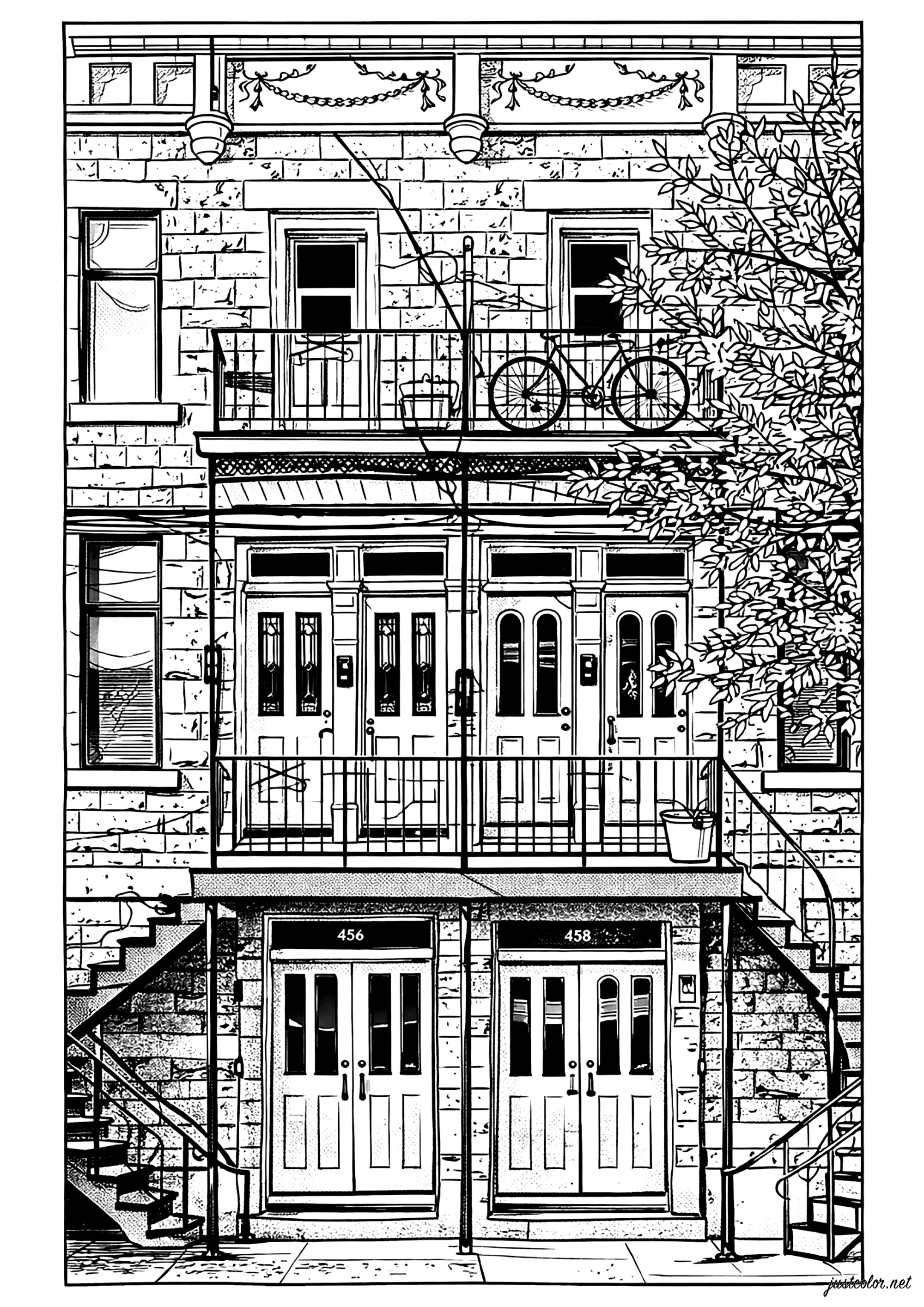 Urban facade and old bicycle (Printable New York Coloring Page for adults)
