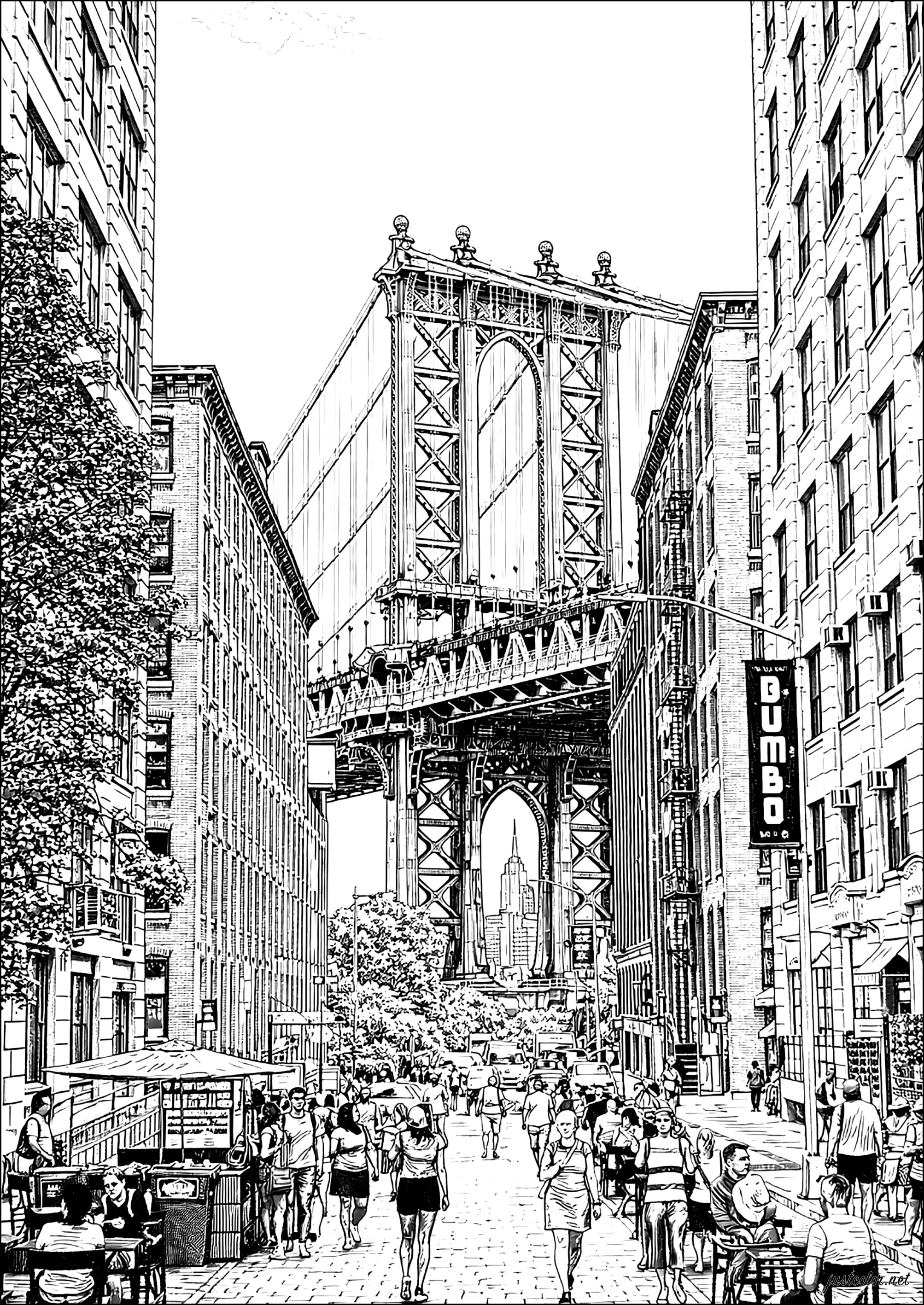 The Manhattan Bridge from DUMBO, Brooklyn (Printable New York Coloring Page for adults)