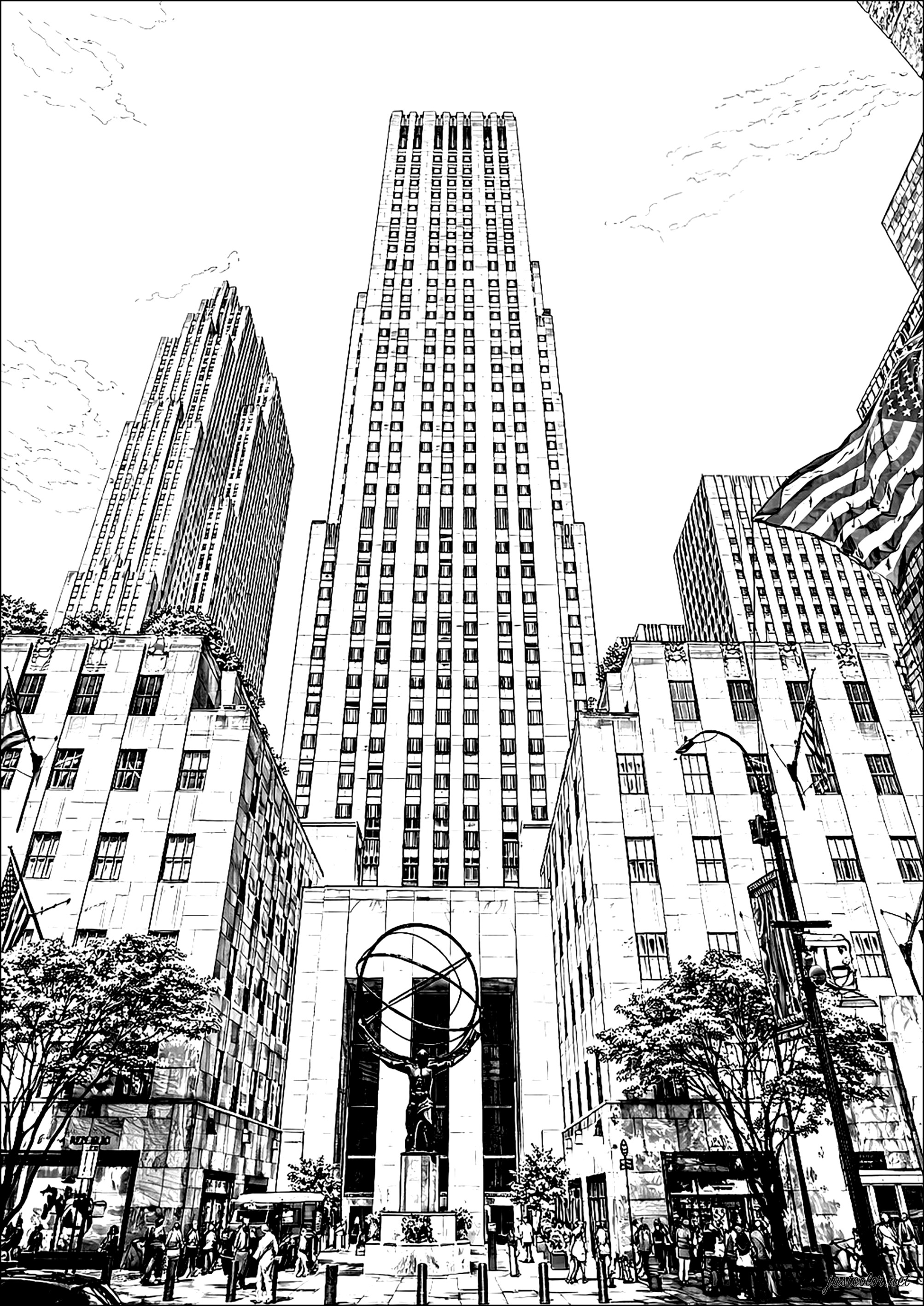 Rockefeller Center and Midtown skyscrapers (Printable New York Coloring Page for adults)