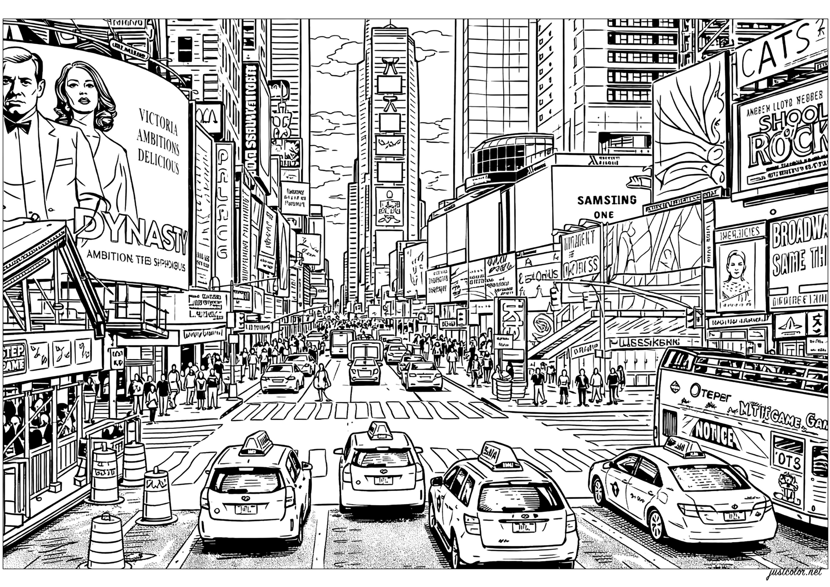 Times Square and its cabs (Printable New York Coloring Page for adults)