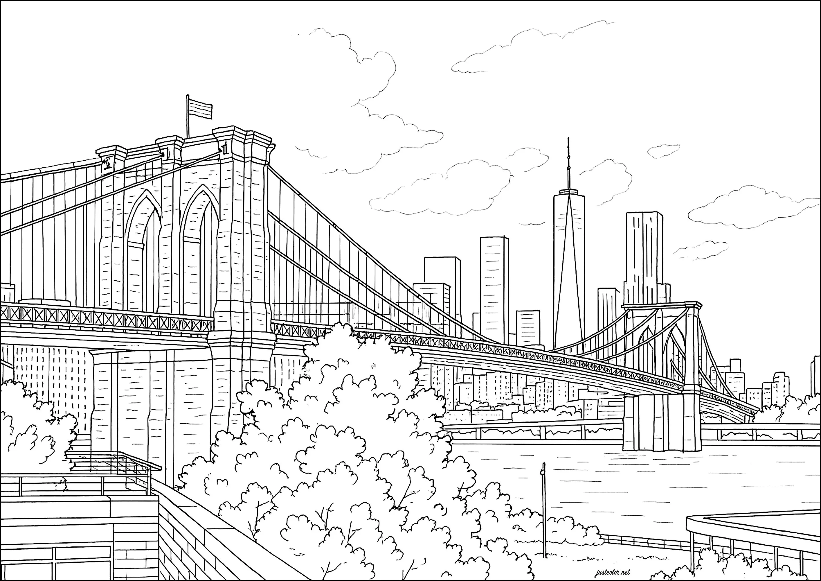 View of New York from the DUMBO district, with the Brooklyn Bridge in the foreground (Printable Coloring Page for adults)