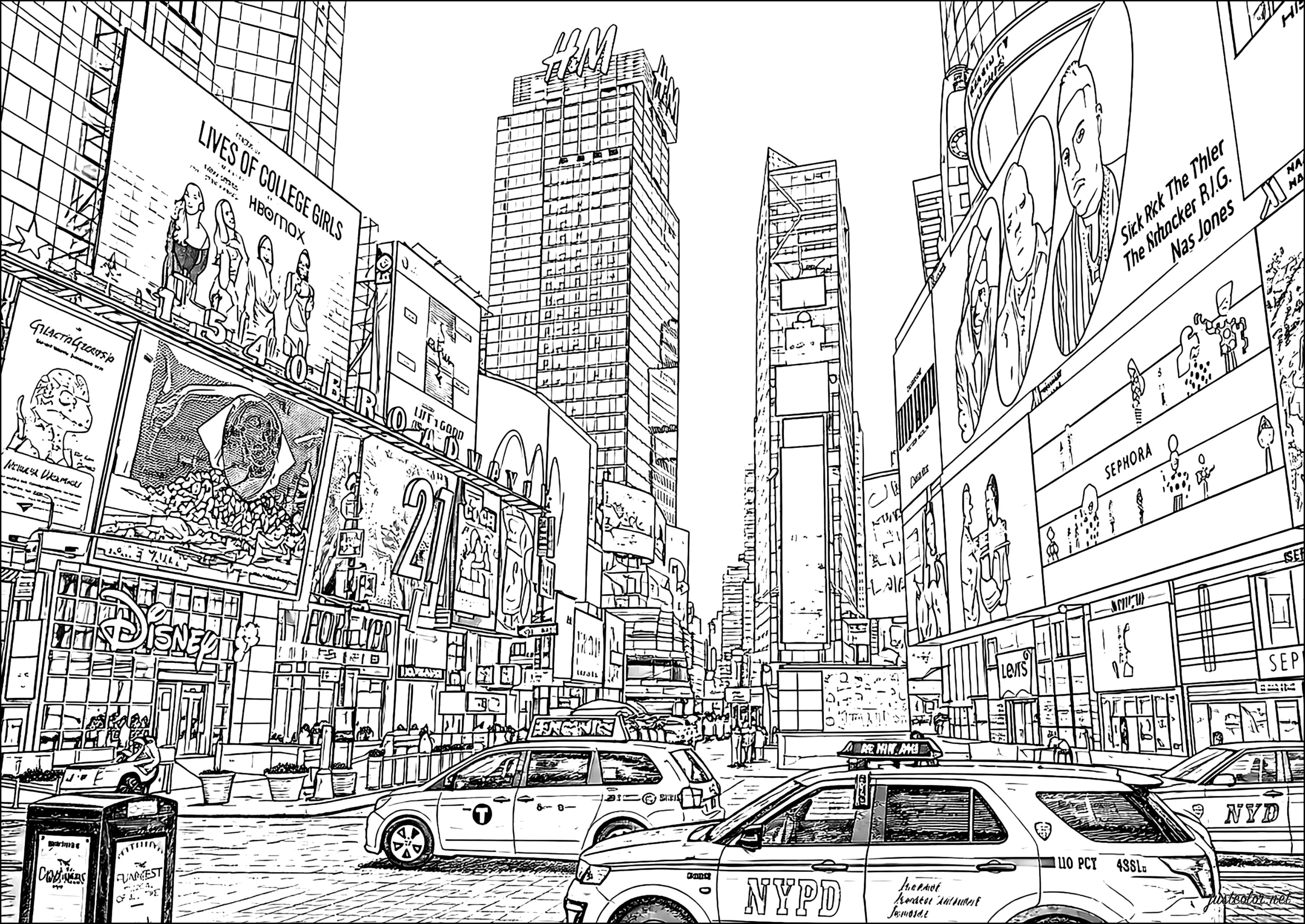 Urban life in Times Square (Printable New York Coloring Page for adults)