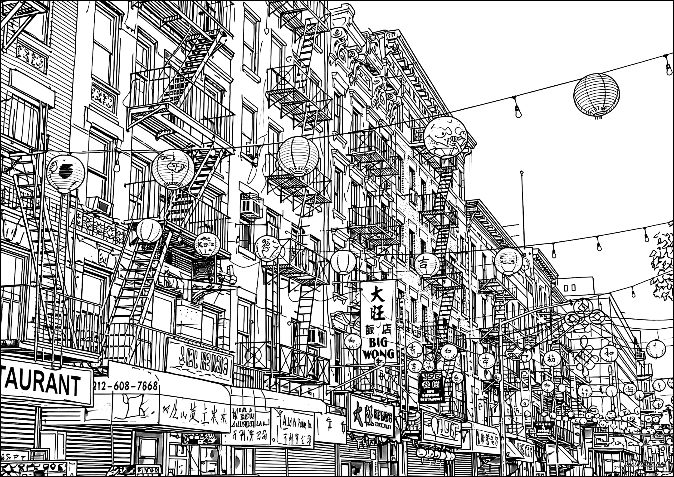 The lively streets of New York's Chinatown (Printable Coloring Page for adults)