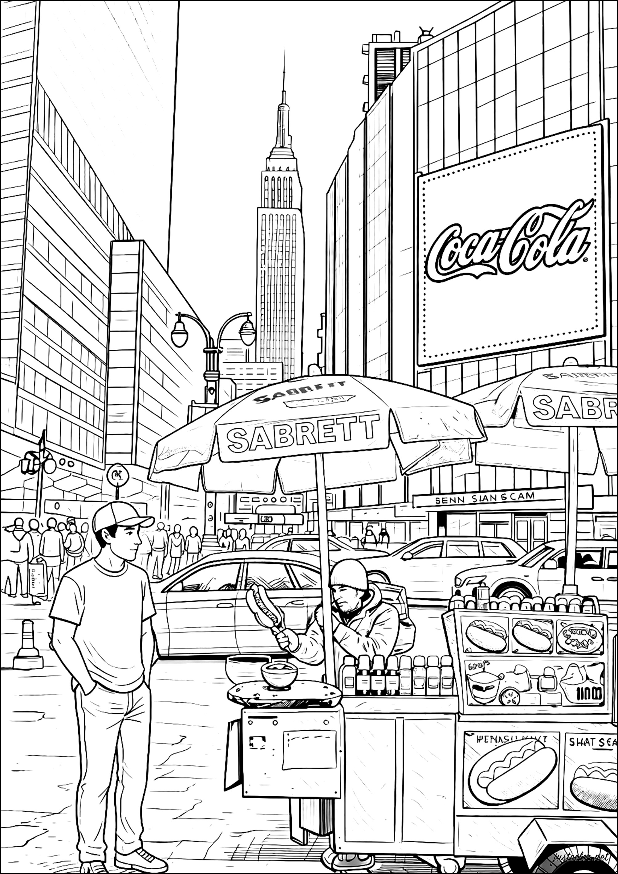 Mobile hot dog vendor (Printable New York Coloring Page for adults)