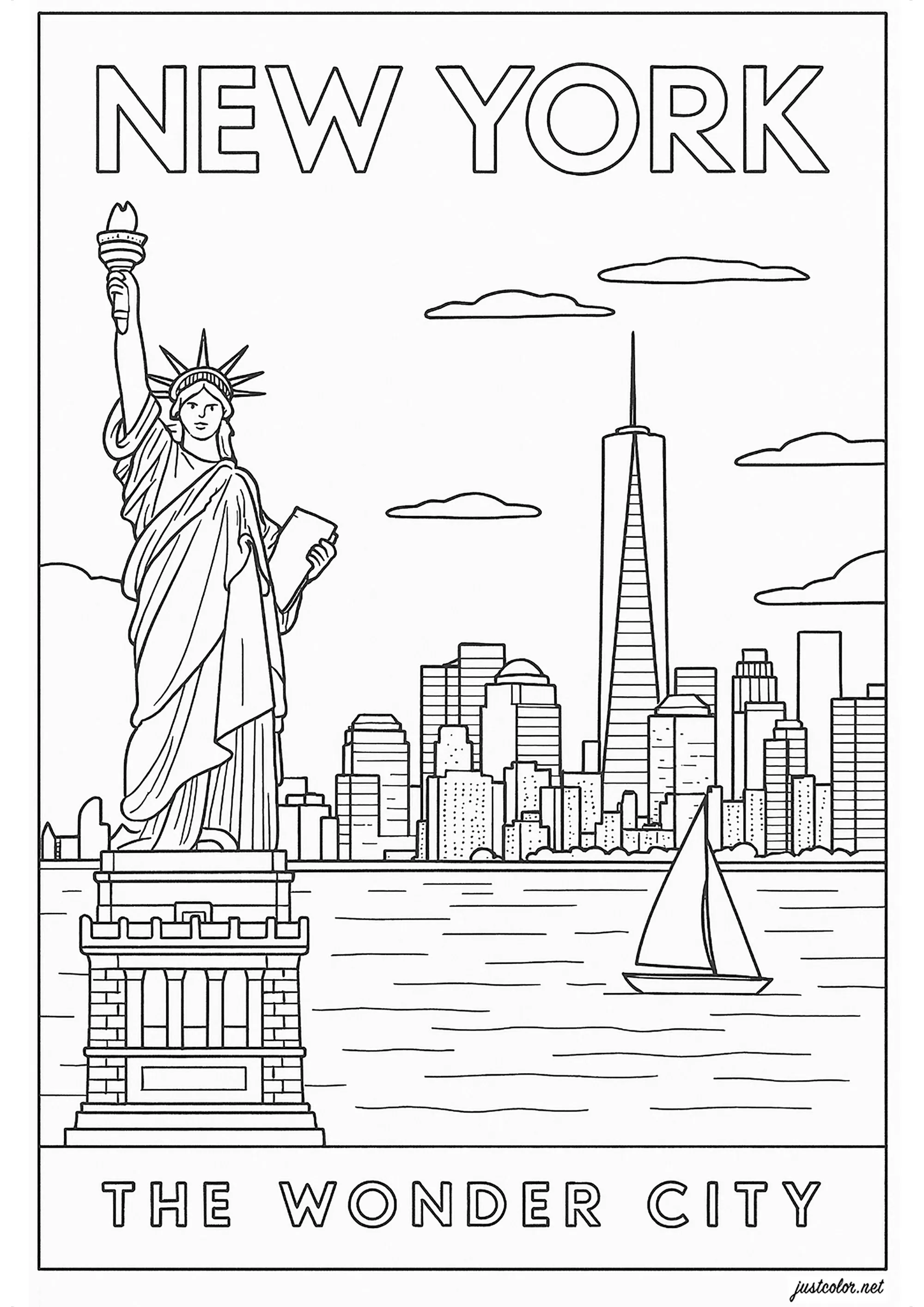 New York: the Statue of Liberty and the tip of Manhattan (Printable Coloring Page for adults)