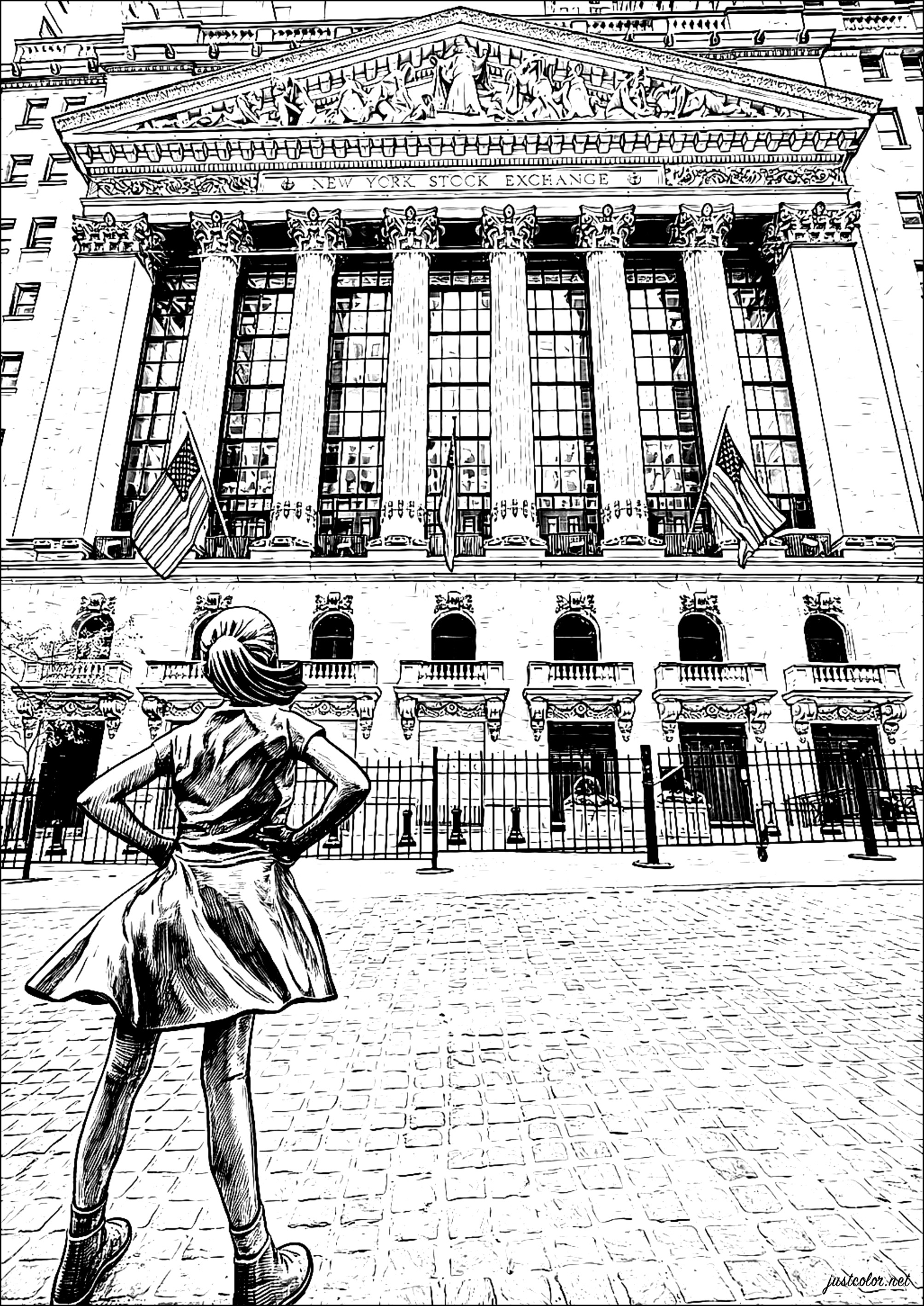 In front of the New York Stock Exchange on Wall Street (Printable Coloring Page for adults)