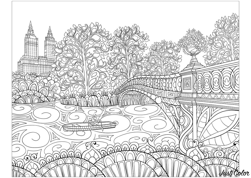 The famous Bow Bridge in Central Park (New York), and various elements to color. Bow Bridge is one of the most iconic and photographed features of Central Park. Built in 1862, this Victorian-era bridge spans 60 feet across the Central Park Lake and connects Cherry Hill and the Ramble.