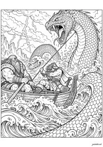 Thor facing Jörmungandr, the Midgard Serpent. A coloring page inspired by Norse mythology depicting Thor at sea facing Jörmungandr, the immense serpent that encircles Midgard. Accompanied by the giant Hymir in a small boat, the god of thunder attempts to capture the creature amid raging waves.