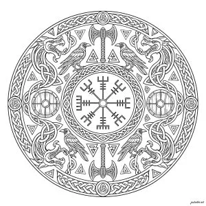 Nordic mandala with ravens and axes. Ornamental mandala centered on a runic compass, framed by interlaced knots, shields, stylized dragon heads, axes, and two ravens facing each other. The ravens evoke Huginn and Muninn, Odin's companions; the runic compass recalls the vegvísir, a sign of guidance and protection; the triangular motifs form a valknut, associated with slain warriors and Odin; the axes and shields symbolize war; and the dragons/serpents refer to the chaotic forces of mythology (for example Jörmungandr or Fenrir).
