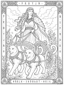 Freyja and her chariot drawn by cats. Freyja, a Norse goddess associated with love, beauty, fertility, and magic, travels here on her famous chariot drawn by two cats. A major figure in Norse mythology, she belongs to the Vanir and is also linked to seiðr, a form of magic and divination practiced in ancient Scandinavian tales.
