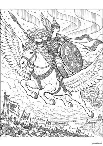 Valkyrie on a winged horse in flight. A Valkyrie armed with a spear and a shield, riding a winged horse above a battlefield with soldiers and flags. Valkyries are figures from Norse mythology who serve Odin, tasked with choosing warriors who died in battle and leading them to Valhalla. Often depicted as powerful warrior women, they symbolize combat, fate, and the passage to the afterlife.