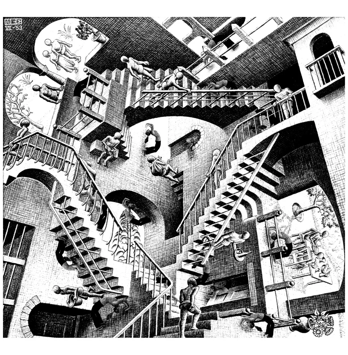 Mc escher relativity (Printable Optical Illusions (Op Art) Coloring Page for adults)