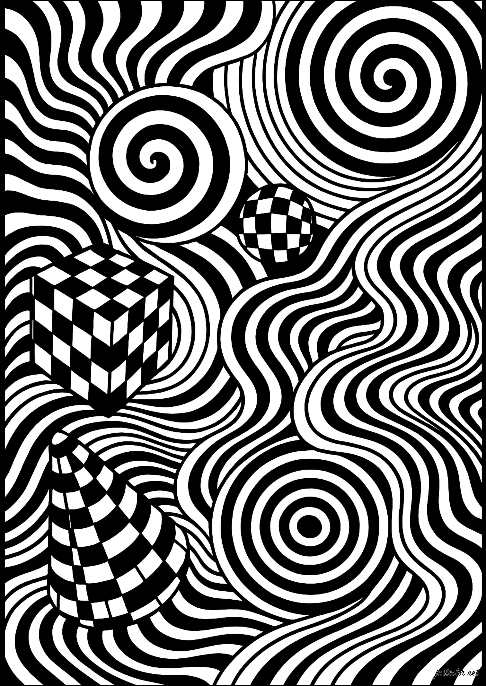 Geometric Illusions (Printable Optical Illusions (Op Art) Coloring Page for adults)
