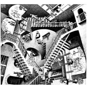 The famous drawing "Relativity" by Mc Escher . .. Where is the beginning? The end ? (Optical Illusions (Op Art) Coloring Page)