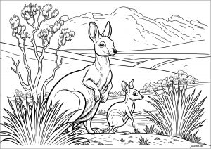 Two Kangaroos in Australia (Other animals Coloring Page)