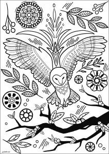 Owl in flight with flowers and abstract motifs