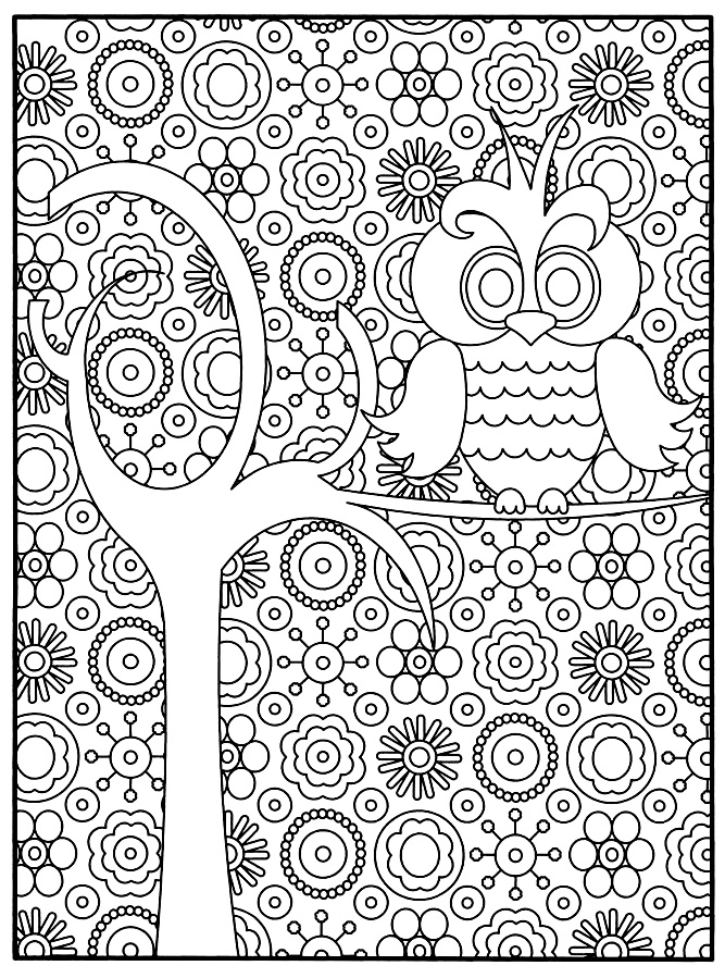 A small owl style very 'cartoon' perched on a tree branch with a lot of flowers in the background. Adult Coloring with great detail, and can even be performed by patients and children love coloring many areas