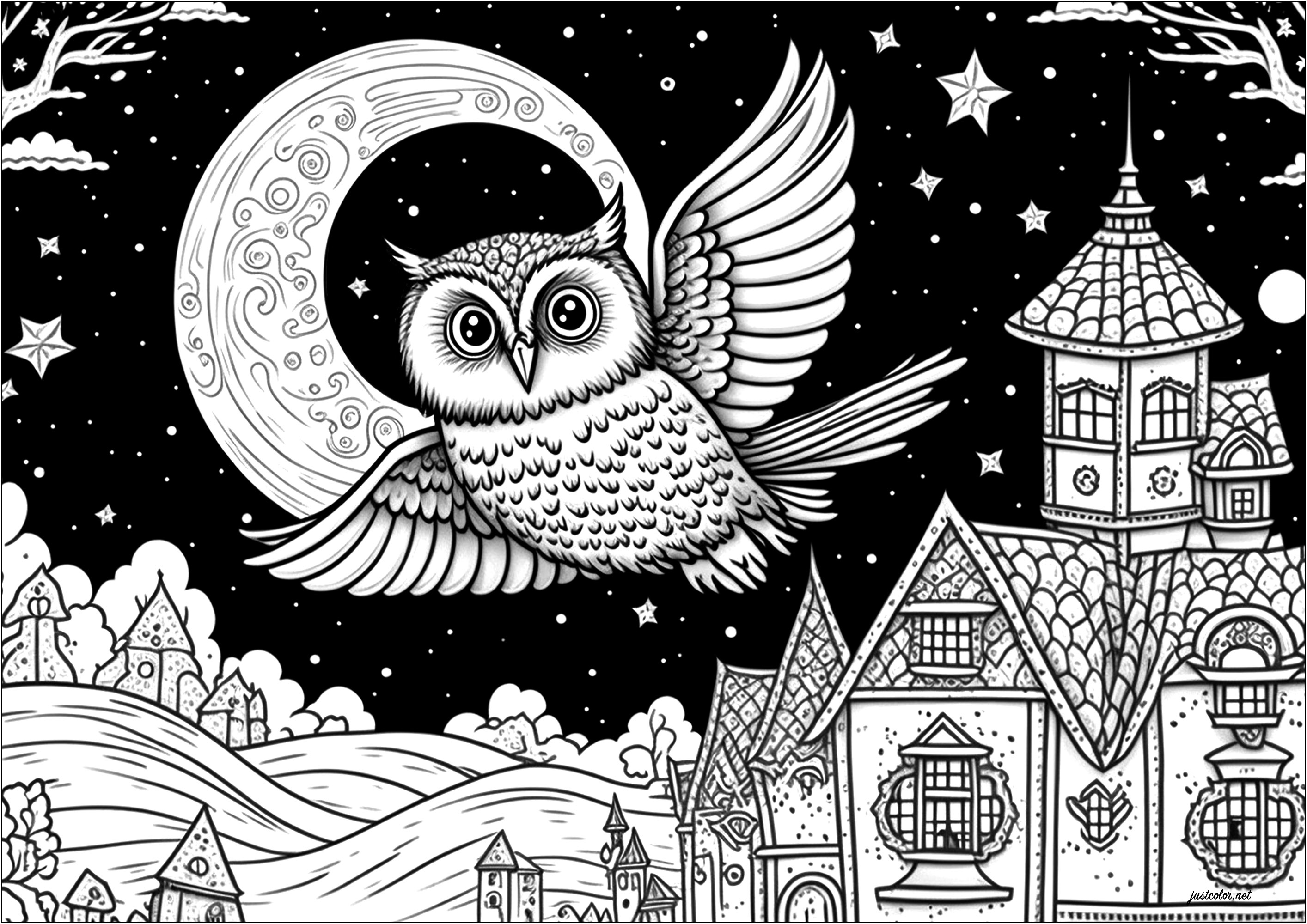 Coloring of an owl during a starry night with full moon. This coloring page is a real invitation to magic and poetry.It's up to you to color this owl flying over this beautiful village and letting the soft moonlight lull him to sleep.