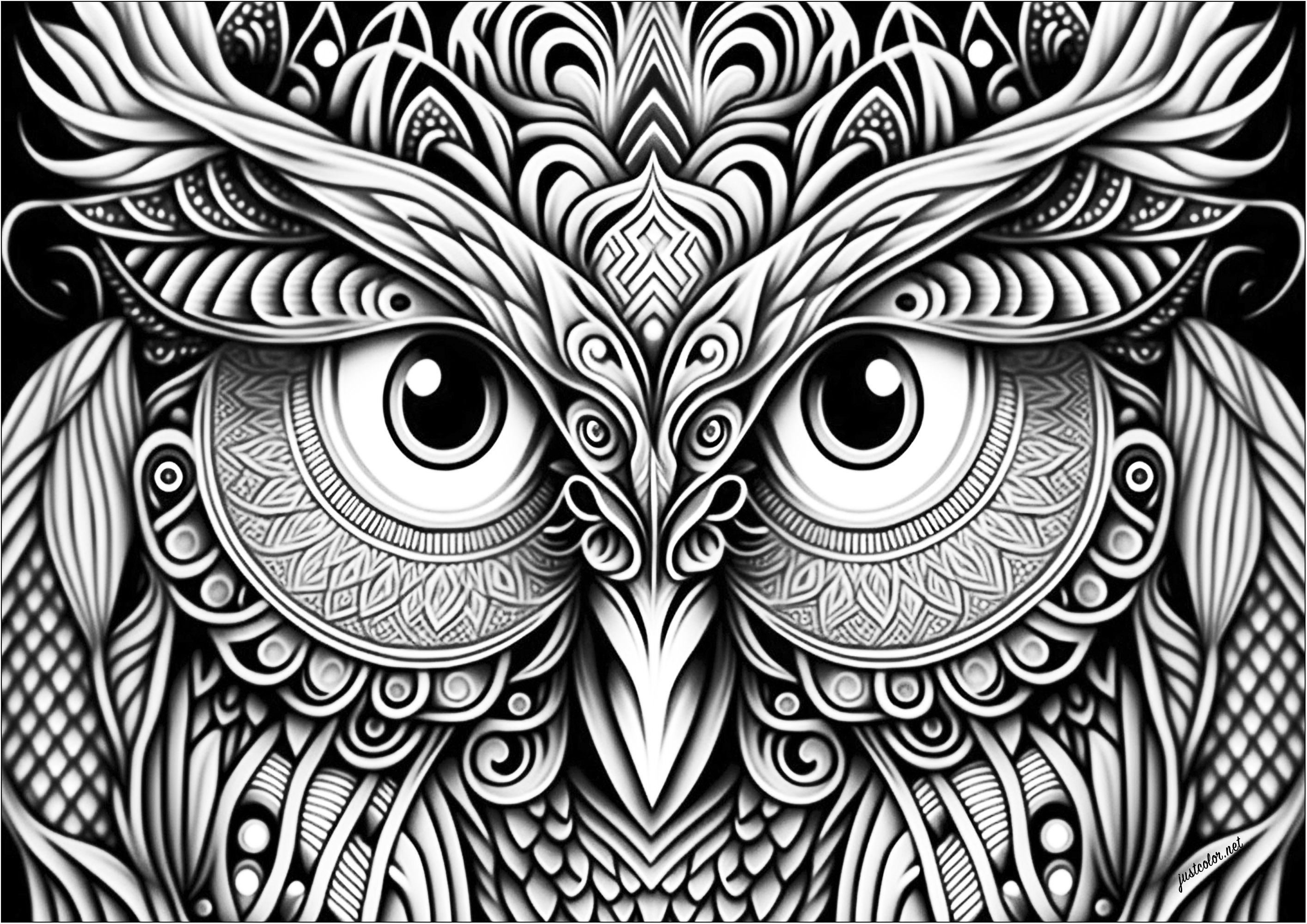 Owl head with many details to color. This coloring page is perfect for lovers of nocturnal animals! The owl head is very realistic and there are plenty of details to color.The owl's beady eyes are very expressive and add a touch of mystery to the illustration.