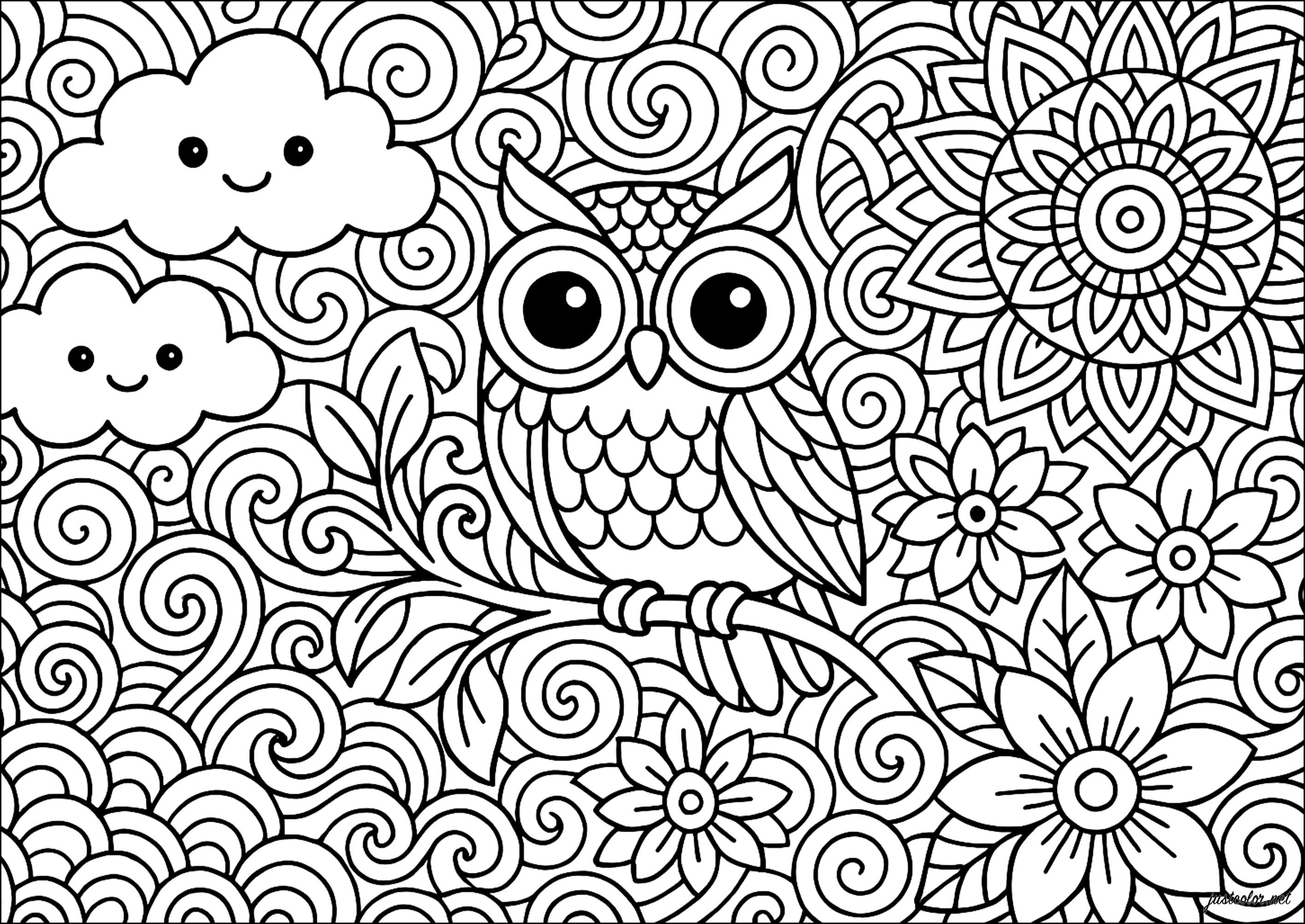 Owl dreaming among the flowers (Printable Coloring Page for adults)