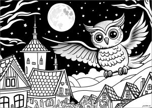 Owl and starry night with full moon (Coloring Page)