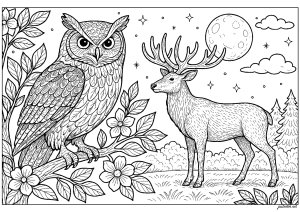 Meeting at night under the moon (Owl Coloring Page)
