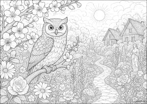 Le Gardien du Jardin Fleuri (Owl Coloring Page)