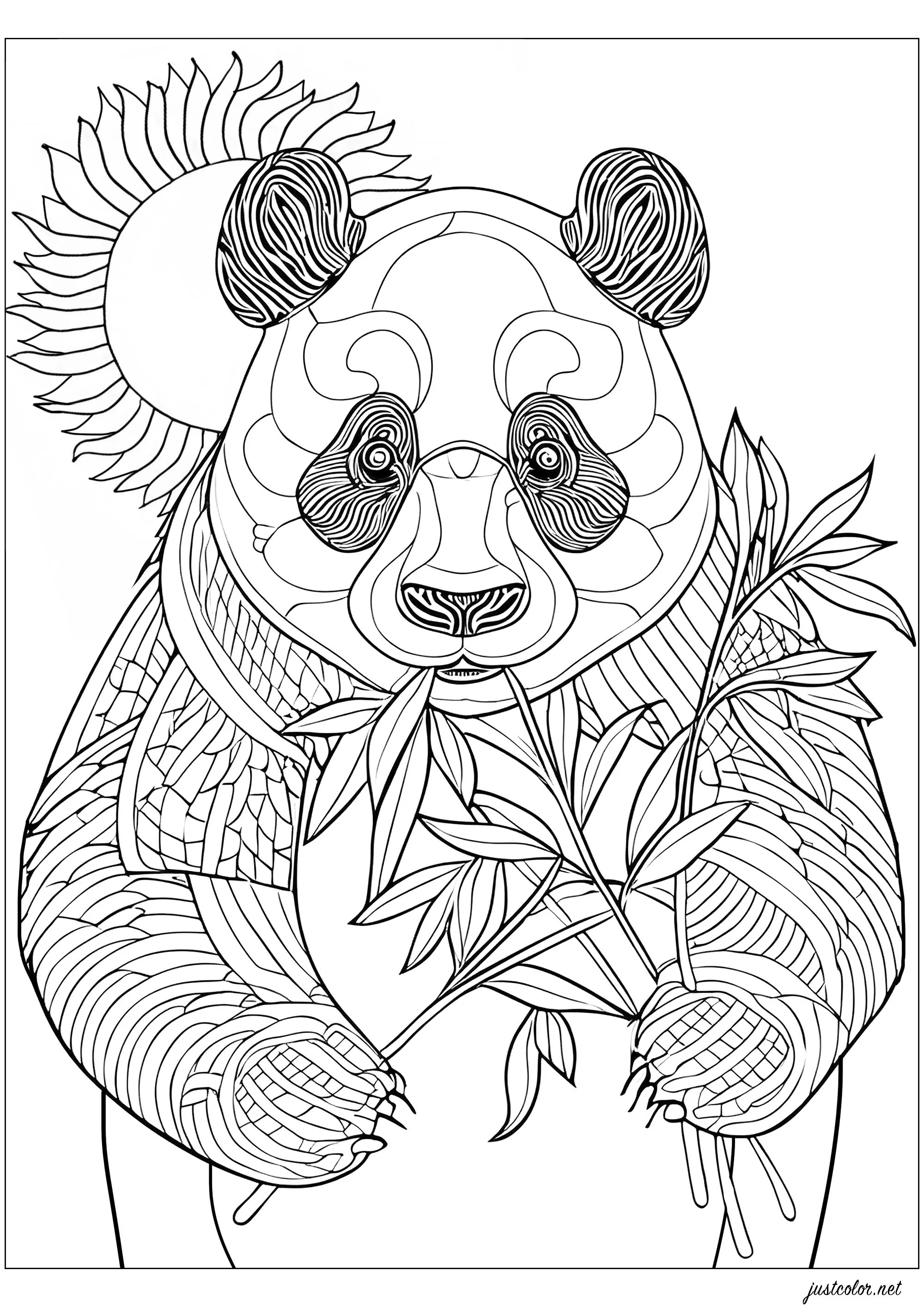 Panda eating bamboo, standing (Printable Coloring Page for adults)