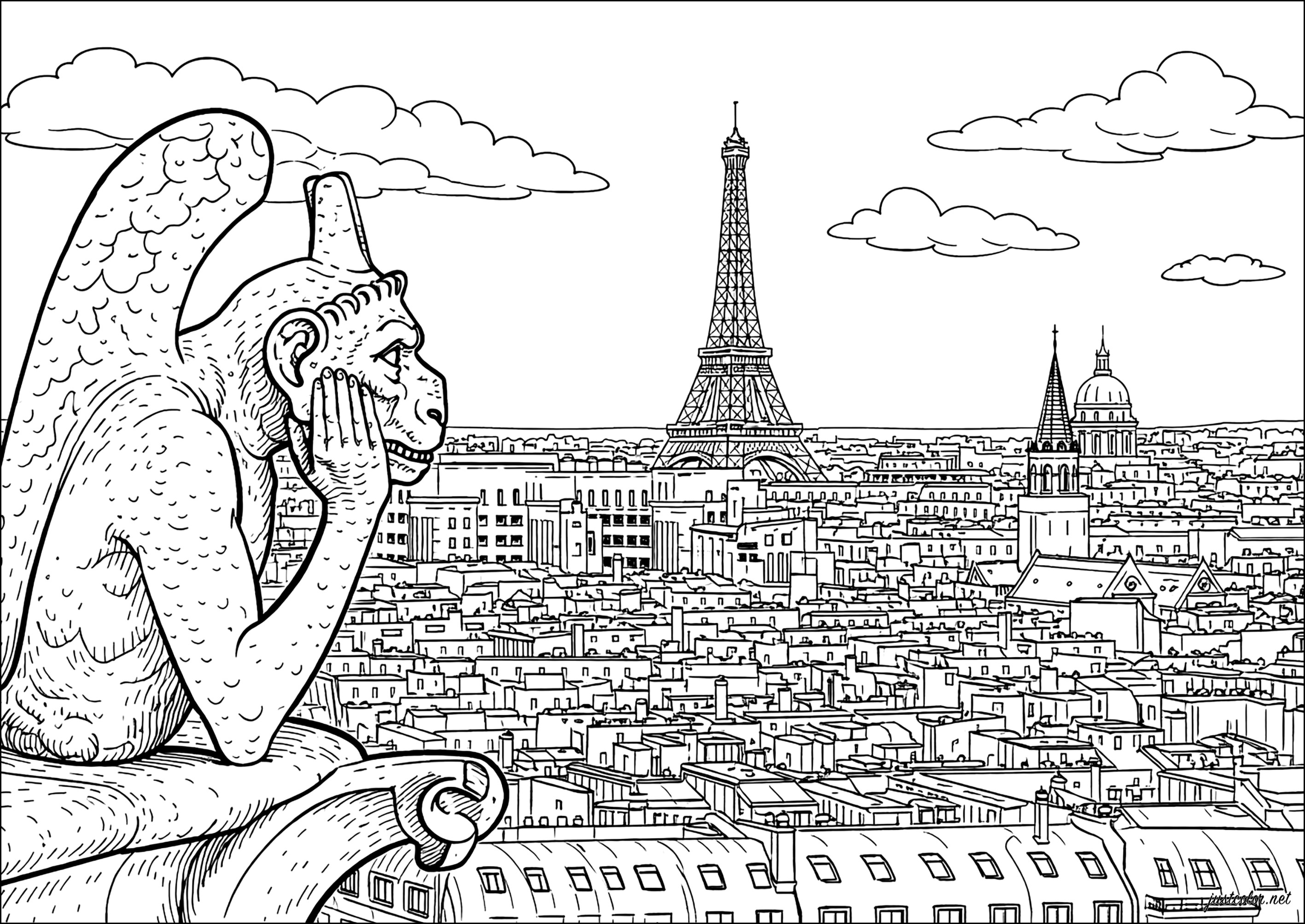 Gargoyle contemplating Paris (Printable Coloring Page for adults)