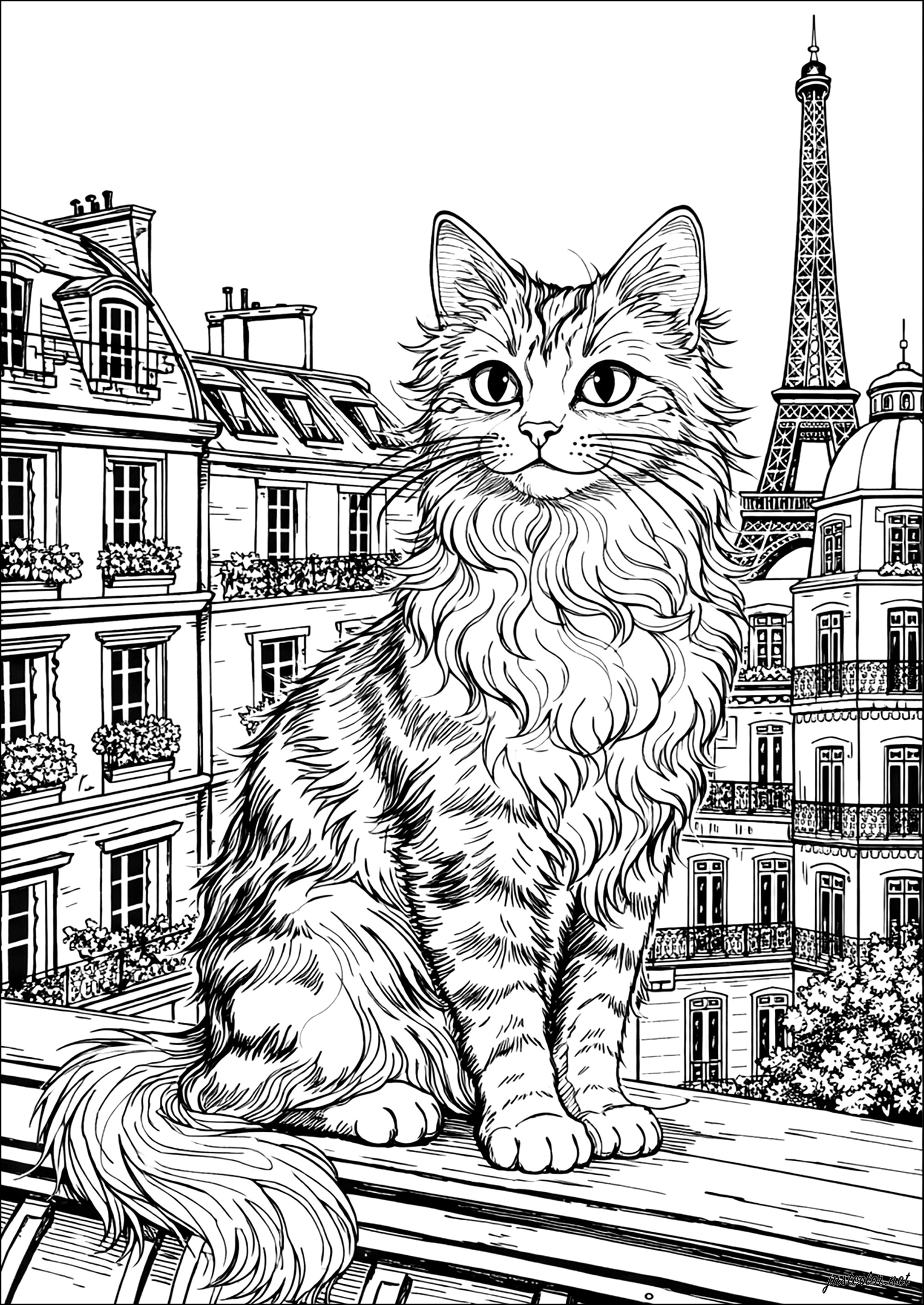 A majestic cat on a Parisian balcony (Printable Paris Coloring Page for adults)