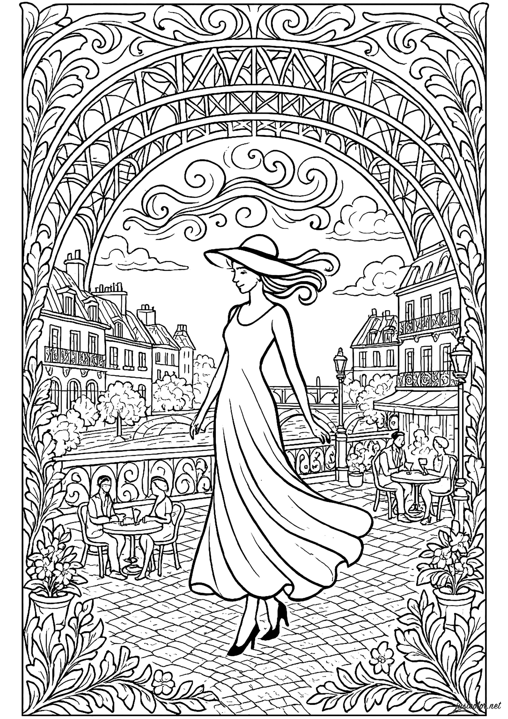 Woman in Paris under the Eiffel Tower (Printable Coloring Page for adults)