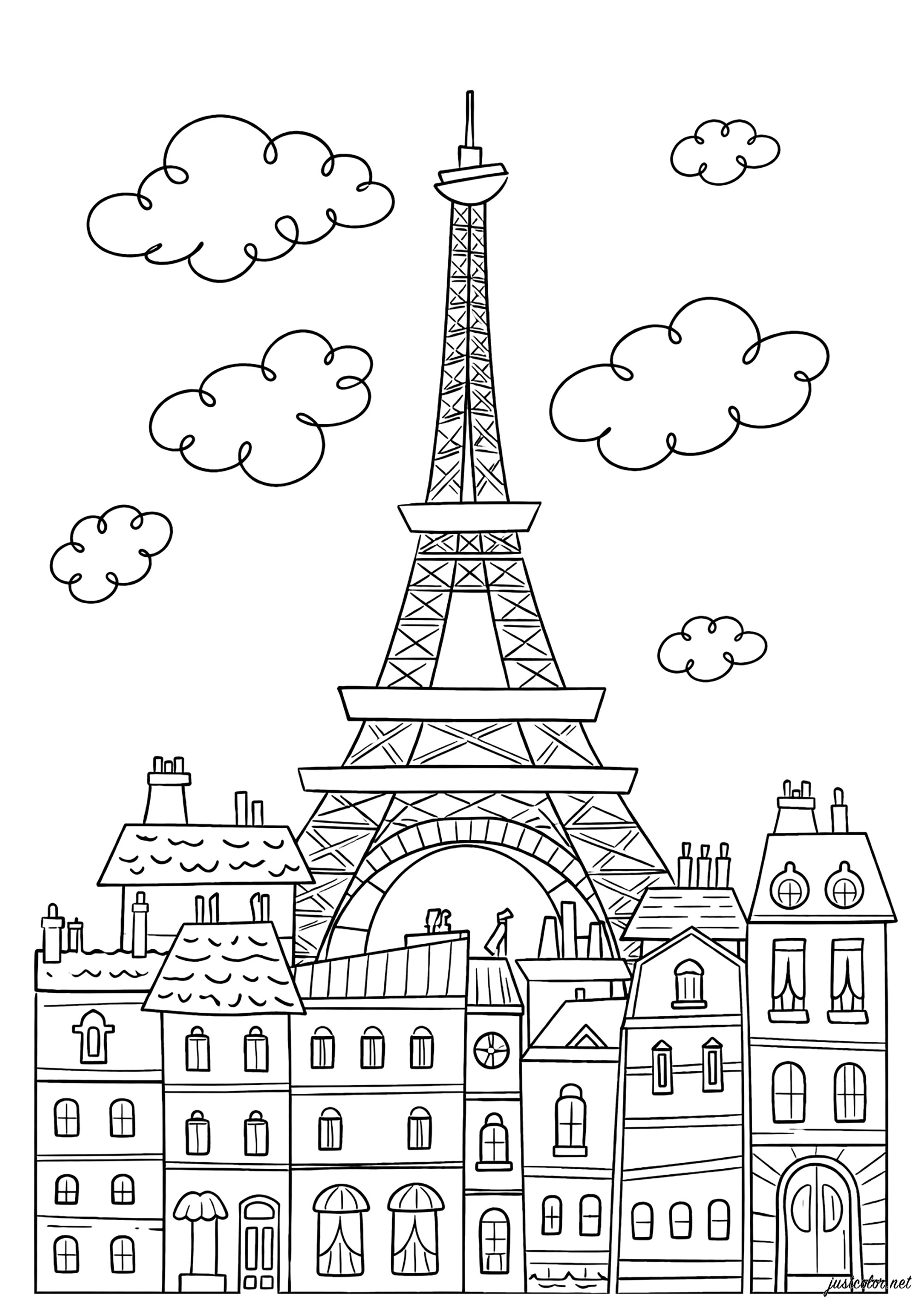 Eiffel Tower and Haussmann buildings (Printable Paris Coloring Page for adults)