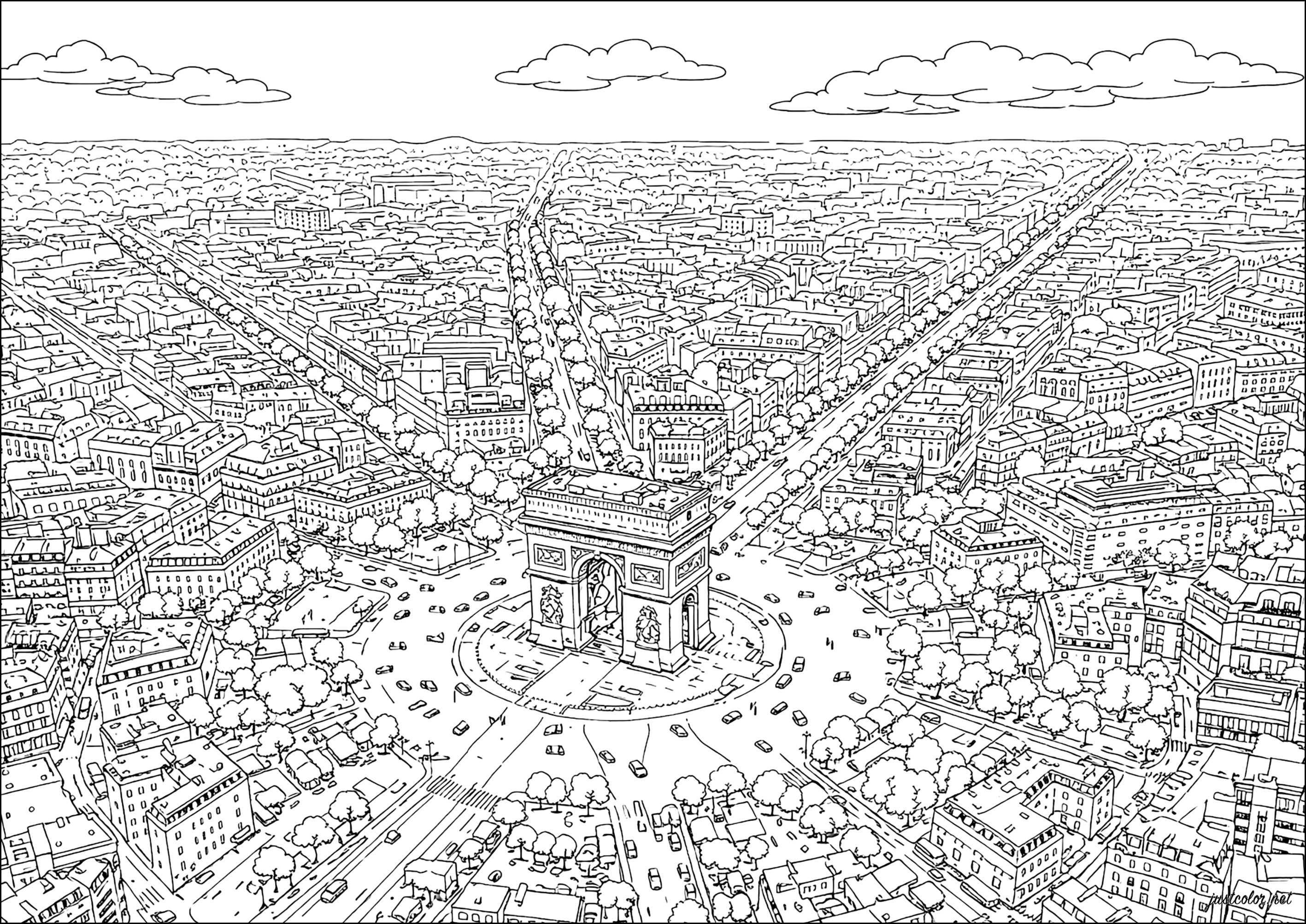 Aerial view of the Arc de Triomphe (Printable Paris Coloring Page for adults)