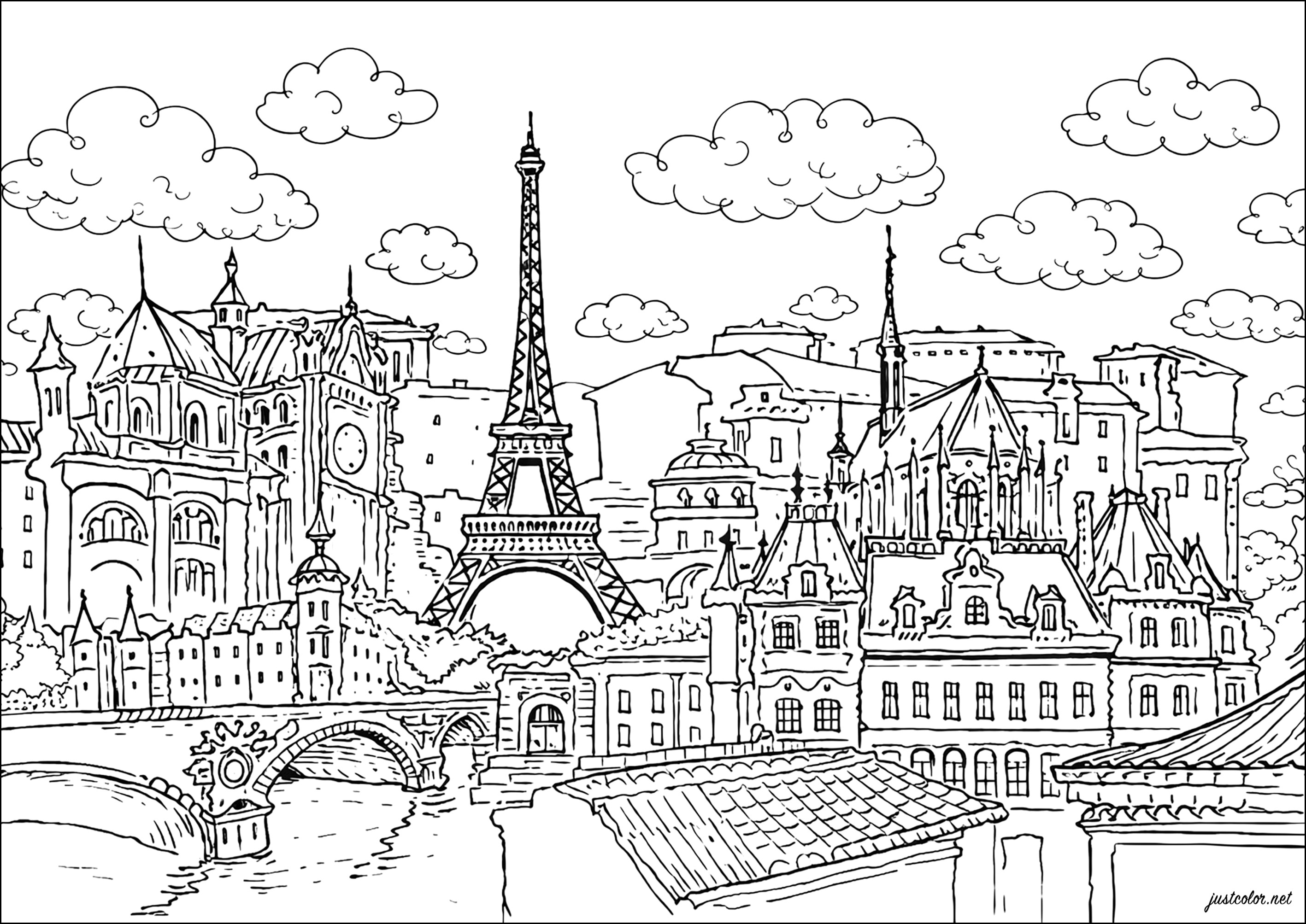 Parisian landscape with the Eiffel Tower (Printable Paris Coloring Page for adults)