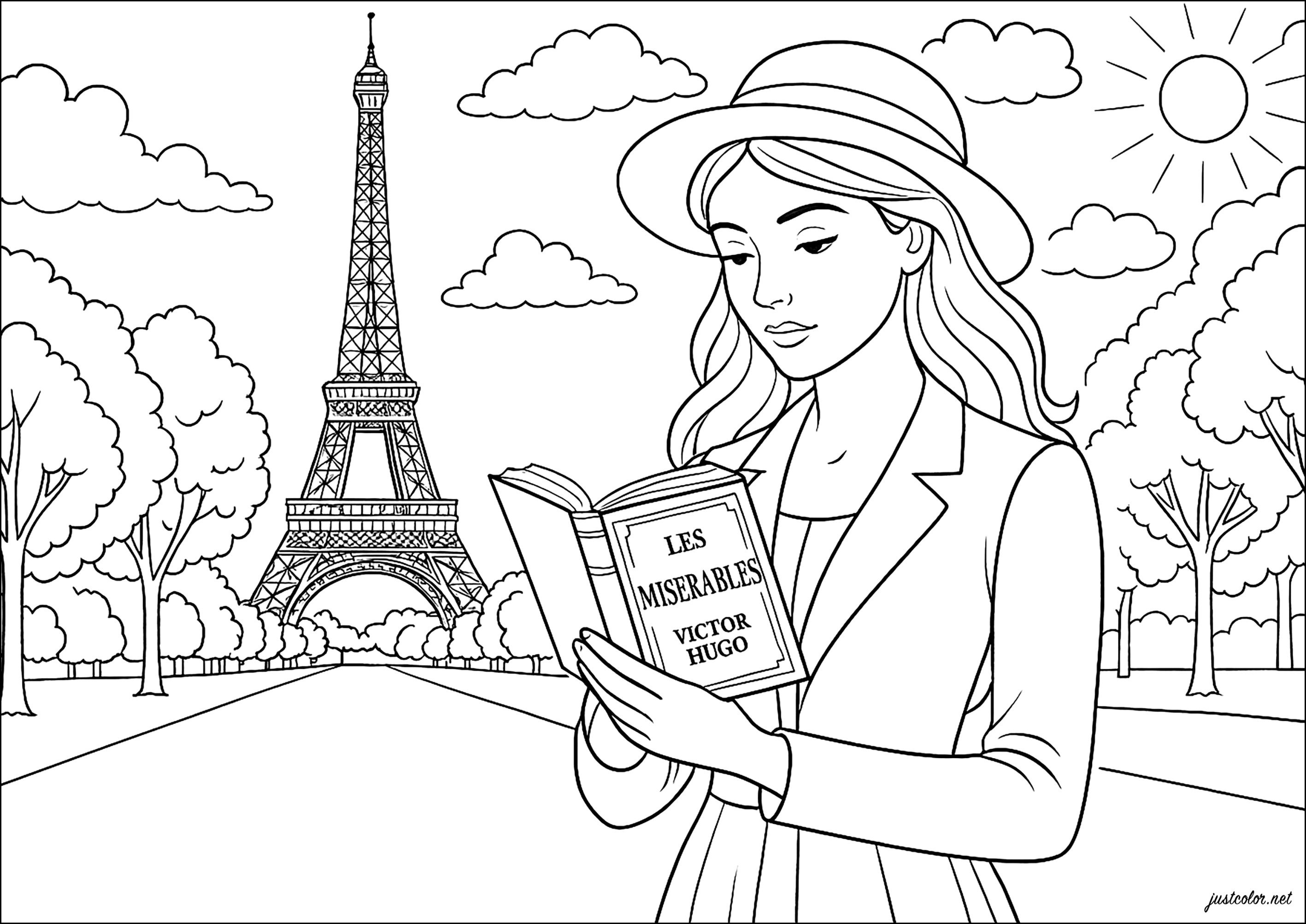Literary stroll in Paris (Printable Coloring Page for adults)