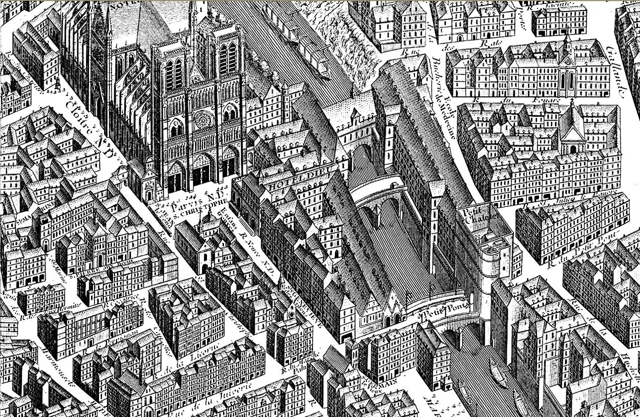 Old bird-view representation of the neighborhood of Notre Dame, on the Ile de la Cité in Paris, alleys and buildings designed in a very careful style, for a coloring page that will be very interesting to realize