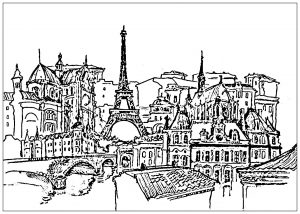 Coloring page france paris eiffel tower and buildings