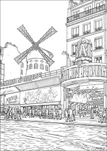 The nostalgic charm of the Moulin Rouge (Paris Coloring Page)