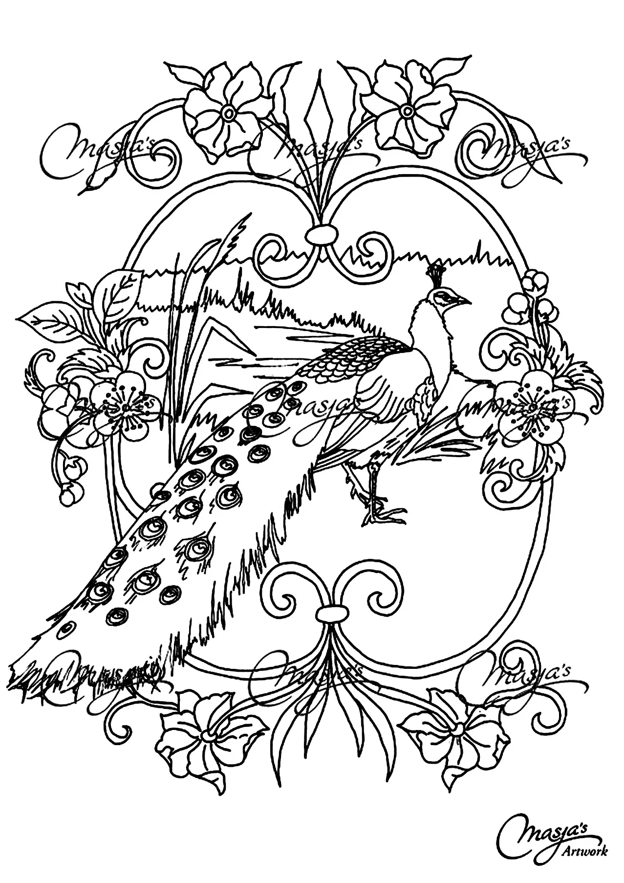 Animals peacock (Printable Coloring Page for adults)