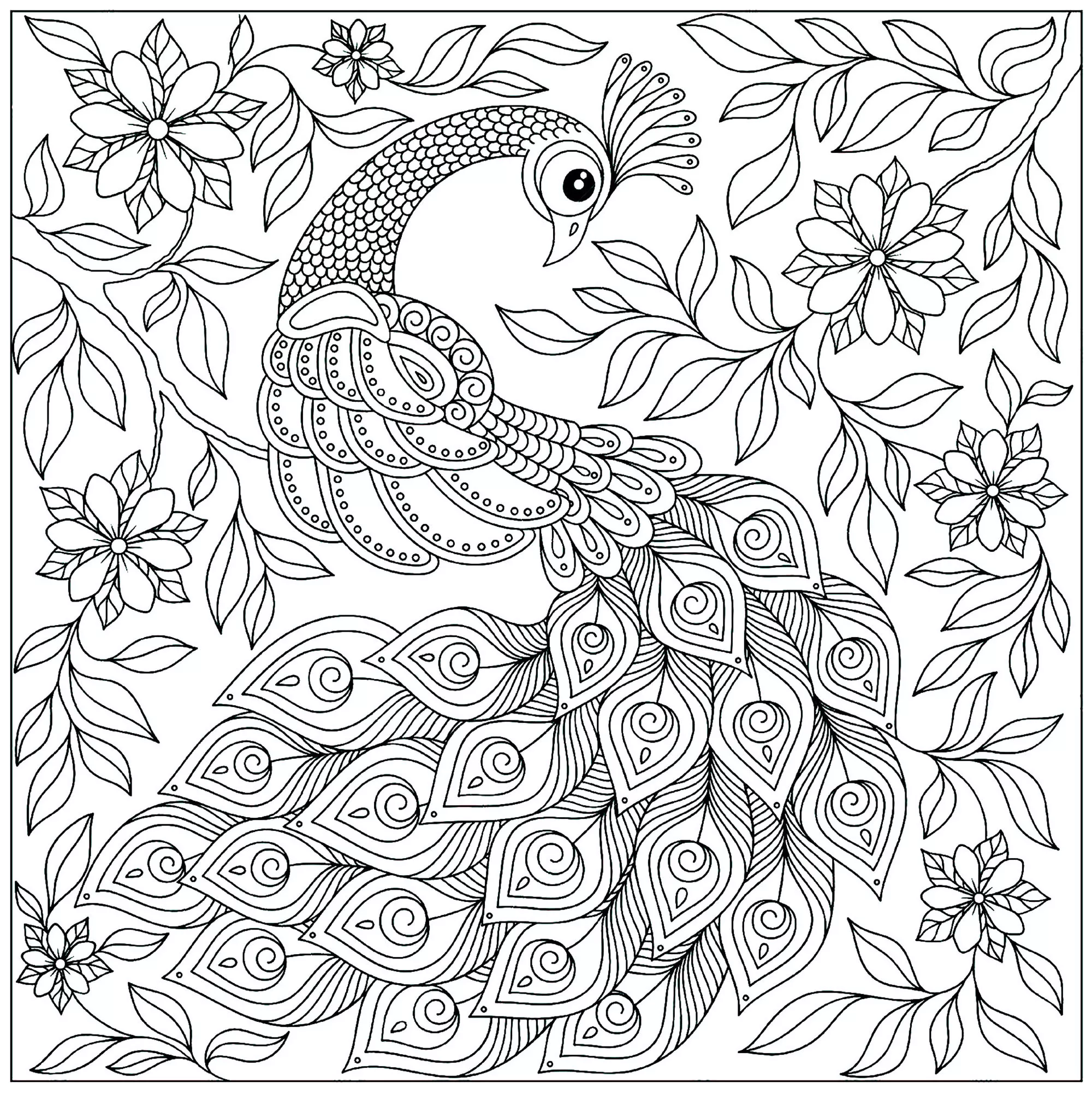 Peacock among the flowers (Printable Coloring Page for adults)