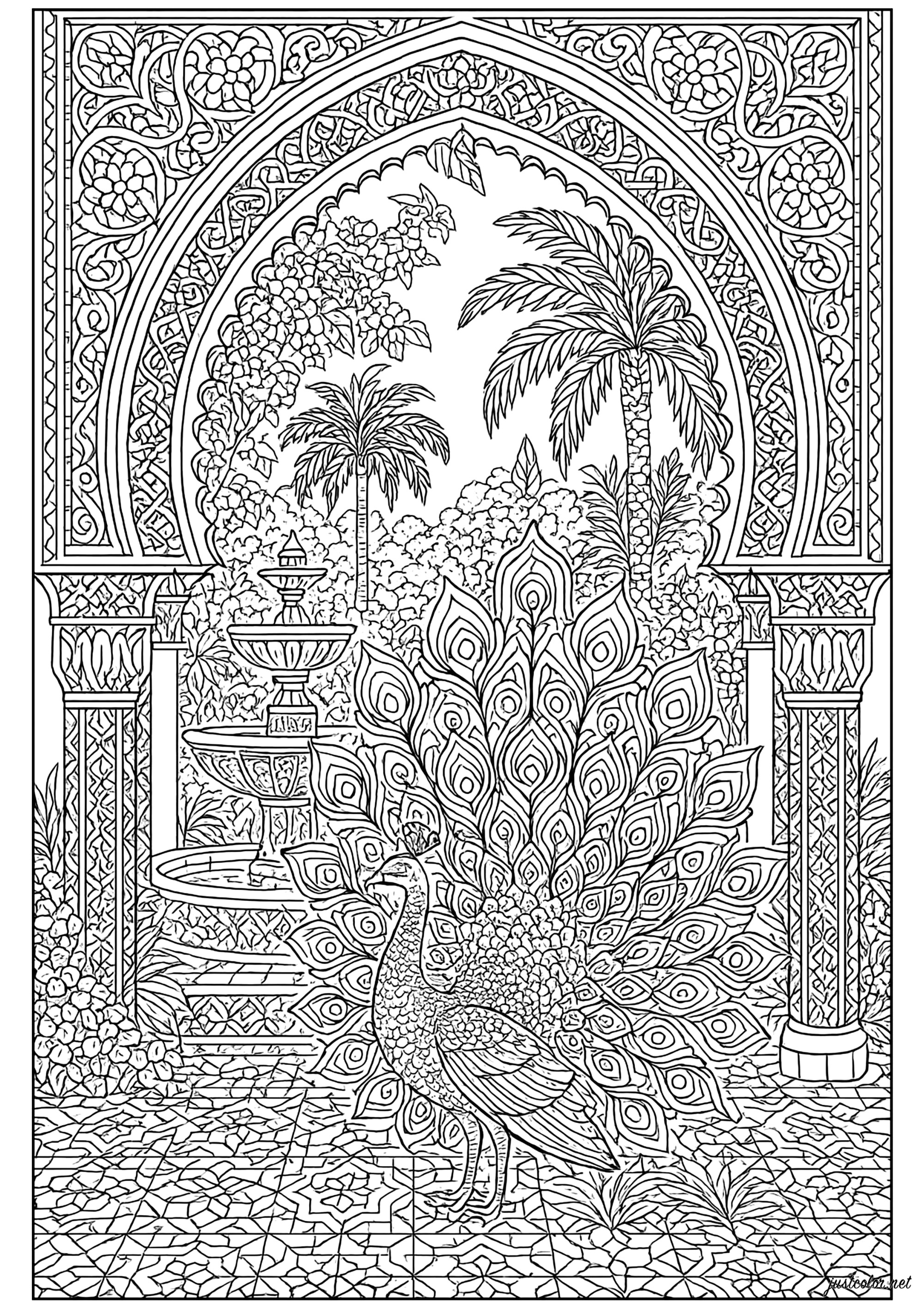Majestic peacock in a Moorish garden (Printable Coloring Page for adults)