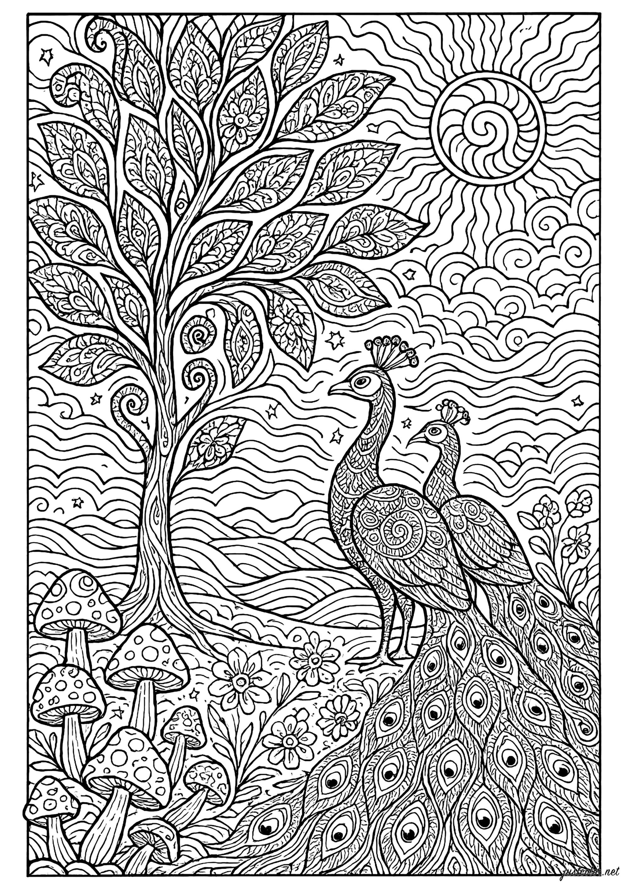 Majestic peacocks in an enchanted garden (Printable Coloring Page for adults)
